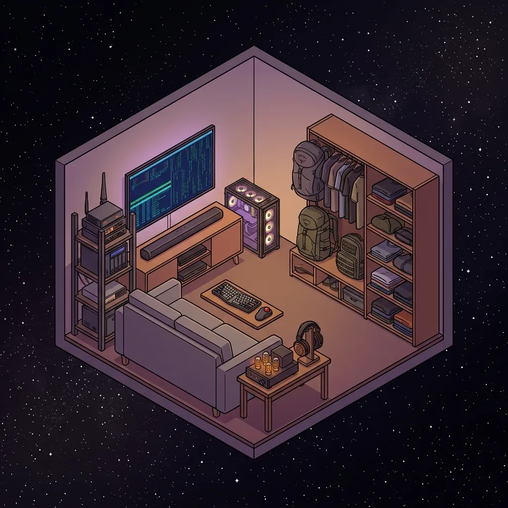 Original 2D isometric room illustration, framed as a wall poster